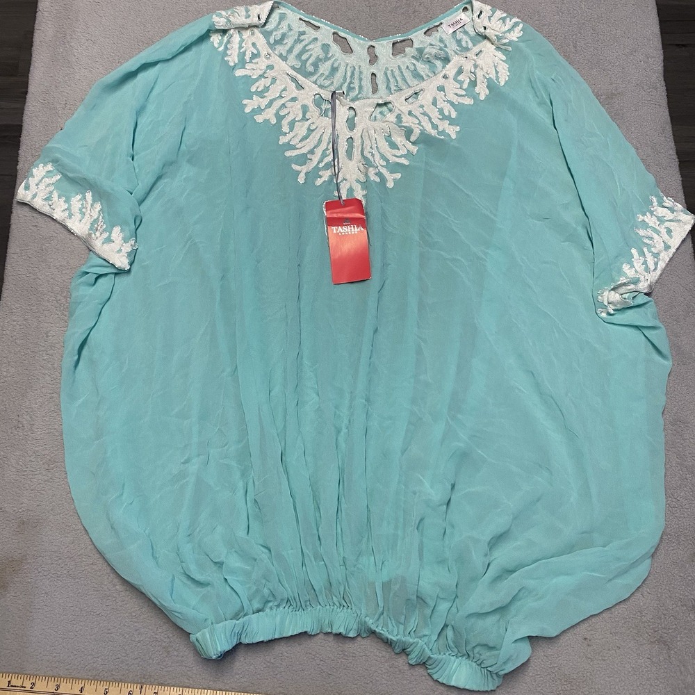 Tashia London‎ Tunic Blue Small Sheer Embroidered Resort Oversized NEW